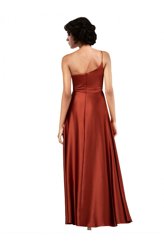 Vendedor de Um Ombro Cetim Sedoso Sem Mangas Laranja Queimada Vestidos de Madrinha / Vestidos de Noite / Vestidos de Festa