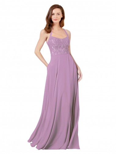 Vendedor de Alças finas Chiffon & Renda Sem Mangas Lavanda Escura Vestidos de Madrinha