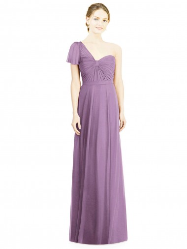 Vendedor de Um Ombro Chiffon Mangas Esvoaçantes Abrir de volta Lavanda Escura Vestidos de Madrinha