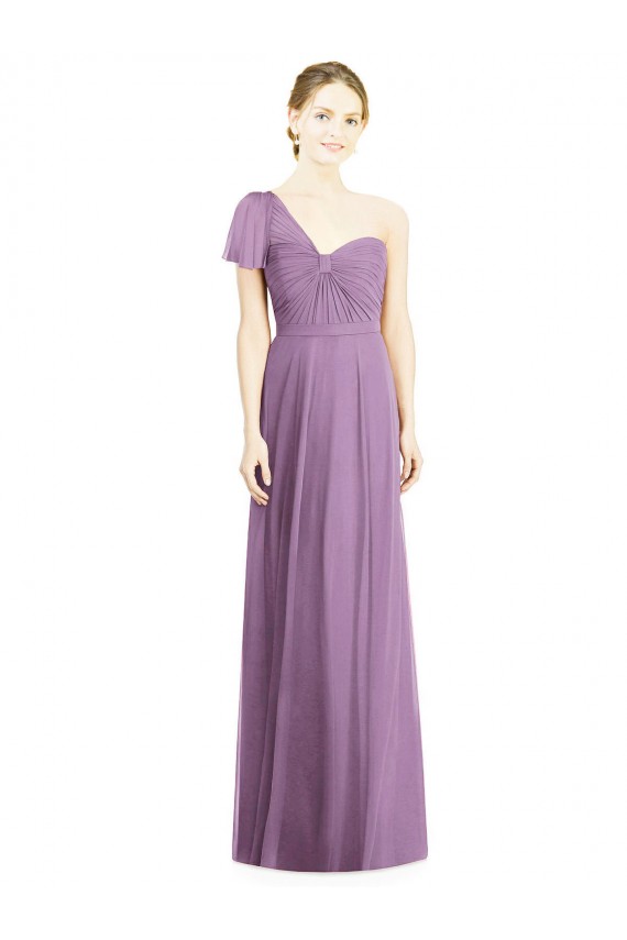 Vendedor de Um Ombro Chiffon Mangas Esvoaçantes Abrir de volta Lavanda Escura Vestidos de Madrinha