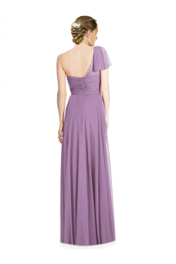 Vendedor de Um Ombro Chiffon Mangas Esvoaçantes Abrir de volta Lavanda Escura Vestidos de Madrinha