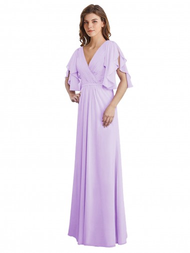 Vendedor de Decote V Chiffon Mangas Esvoaçantes, Mangas Divididas Costas em V Lilás Vestidos de Madrinha
