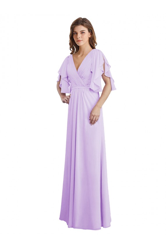 Vendedor de Decote V Chiffon Mangas Esvoaçantes, Mangas Divididas Costas em V Lilás Vestidos de Madrinha