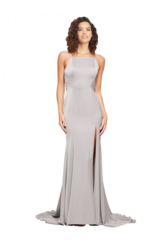Vendedor de Decote Alto Cetim Elástico Sem Mangas Lombar Vestidos de Madrinha / Vestidos de Noite / Vestidos de Festa