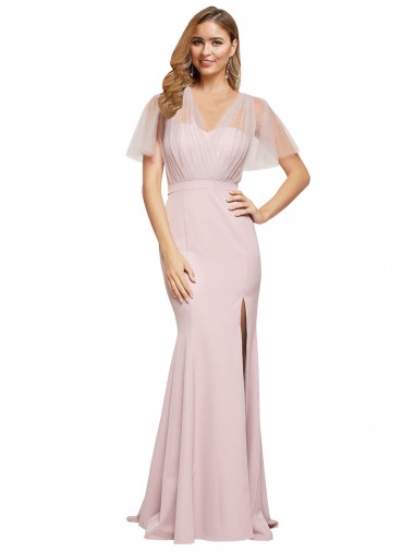 Vendedor de Um Ombro Crepe Esticado & Tule Mangas Curtas Lombar Malva Vestidos de Madrinha / Vestidos de Noite / Vestidos de Festa