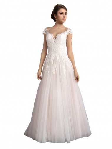 Vendedor de Decote Ilusão Tule & Renda Mangas Curtas Marfim & Champanhe Longo Vestidos de Noiva