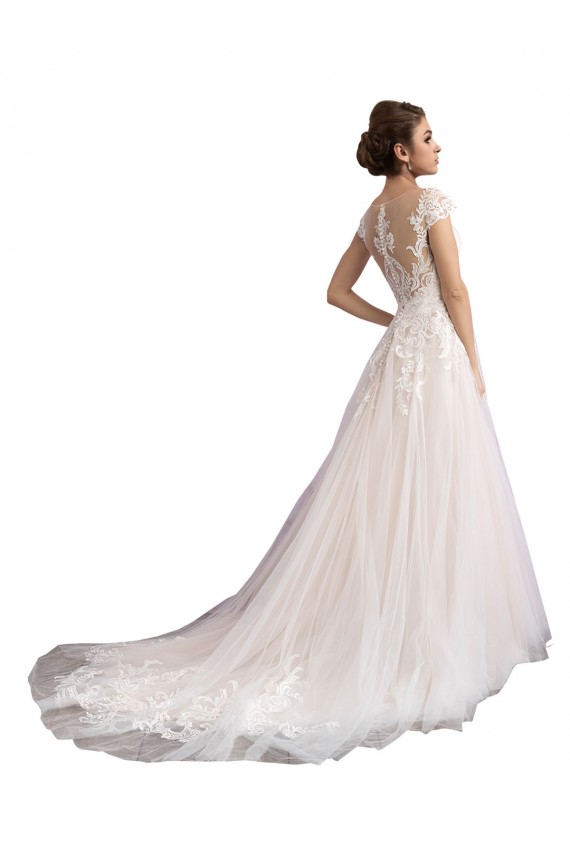 Vendedor de Decote Ilusão Tule & Renda Mangas Curtas Marfim & Champanhe Longo Vestidos de Noiva