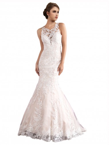 Vendedor de Decote Ilusão Tule & Renda Sem Mangas Marfim & Champanhe Vestidos de Noiva
