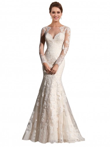 Vendedor de Decote Ilusão Tule & Renda Mangas Compridas Marfim & Champanhe Vestidos de Noiva