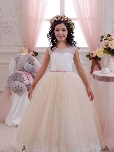Vendedor de Amor Tule & Renda Sem Mangas Marfim & Champanhe Vestidos para Meninas de Flores