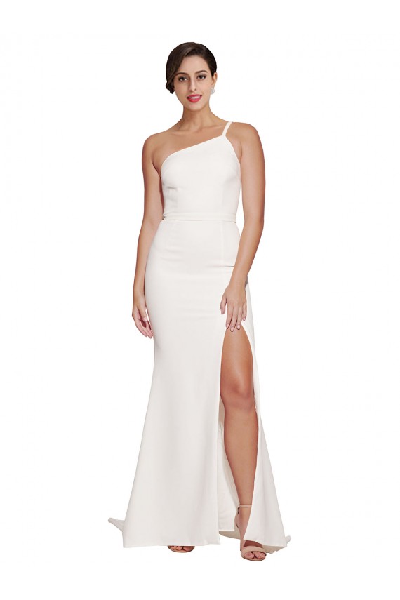 Vendedor de Um Ombro Crepe Esticado Sem Mangas Marfim Vestidos de Madrinha / Vestidos de Festa