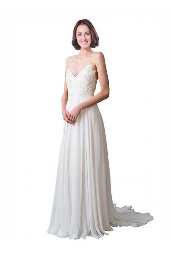 Vendedor de Alças finas Chiffon & Renda Sem Mangas Marfim Vestidos de Noiva