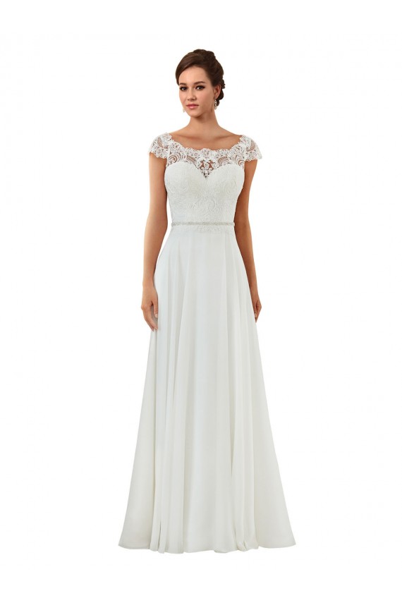 Vendedor de Barco Chiffon Mangas Curtas Abrir de volta Marfim Vestidos de Noiva