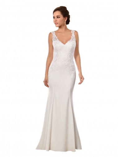 Vendedor de Decote V Renda & Crepe Esticado Sem Mangas Marfim Longo Vestidos de Noiva
