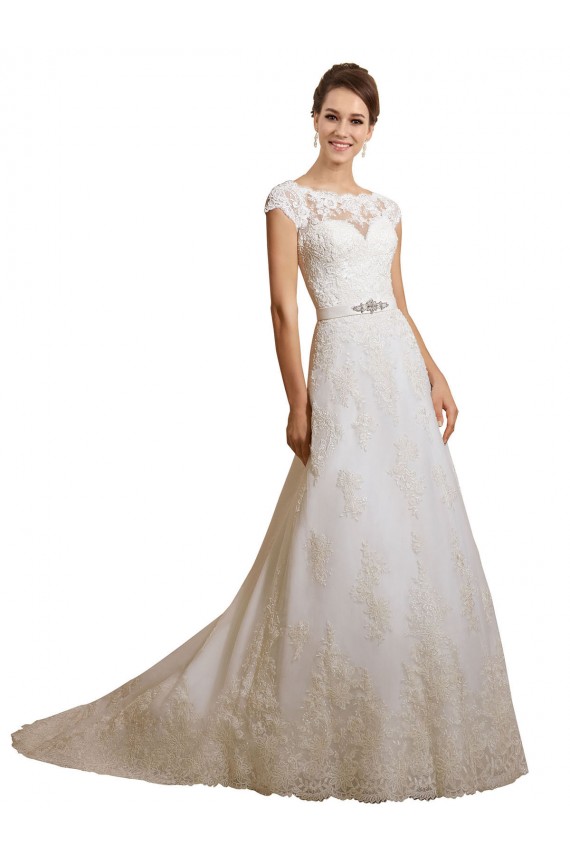 Vendedor de Decote Ilusão Tule & Renda Mangas Curtas Marfim Longo Vestidos de Noiva