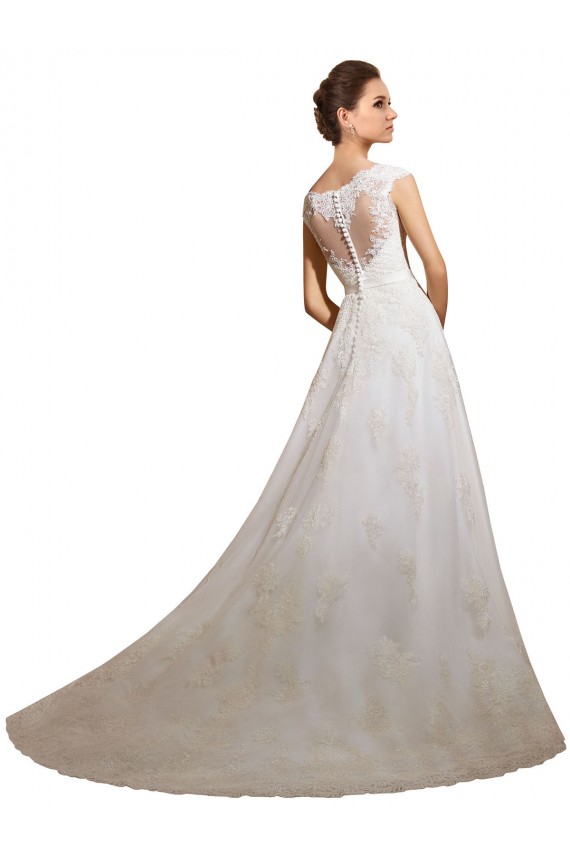 Vendedor de Decote Ilusão Tule & Renda Mangas Curtas Marfim Longo Vestidos de Noiva