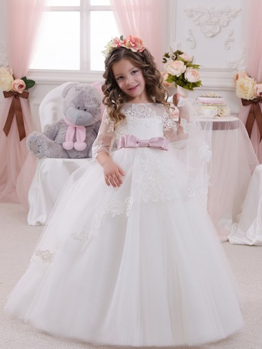 Vendedor de Barco Tule & Renda Sem Mangas Marfim Vestido de Baile Vestidos para Meninas de Flores