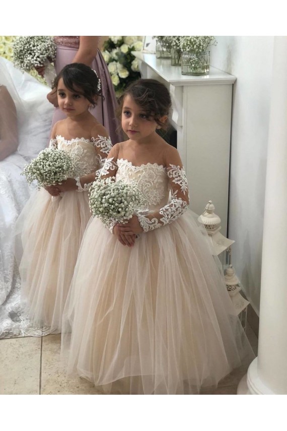 Vendedor de Amor Tule & Renda Mangas Compridas Marfim Vestidos para Meninas de Flores
