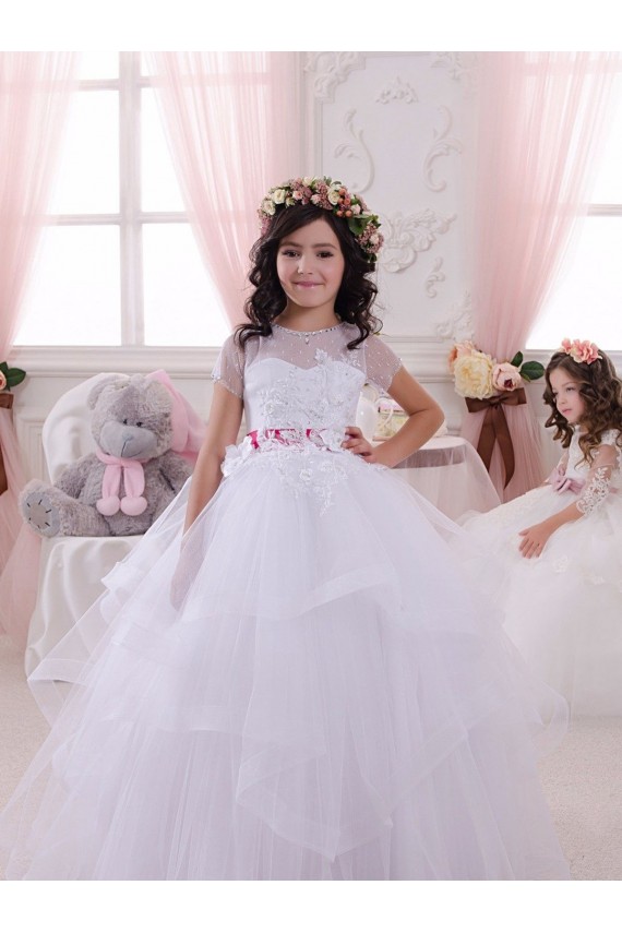 Vendedor de Amor Tule & Renda Mangas Curtas Marfim Longo Vestidos para Meninas de Flores