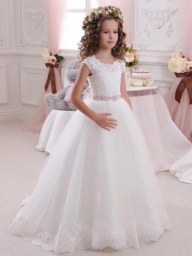 Vendedor de Decote Alto Tule & Renda Mangas Curtas Buraco da fechadura Marfim Vestidos para Meninas de Flores