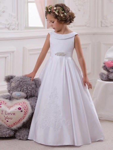 Vendedor de Barco Cetim & Renda Sem Mangas Marfim Vestidos para Meninas de Flores