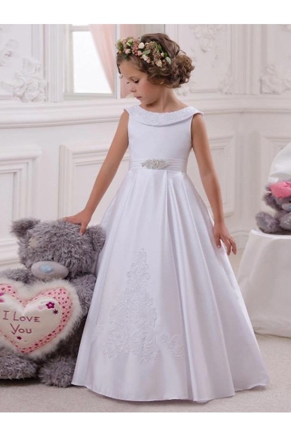 Vendedor de Barco Cetim & Renda Sem Mangas Marfim Vestidos para Meninas de Flores