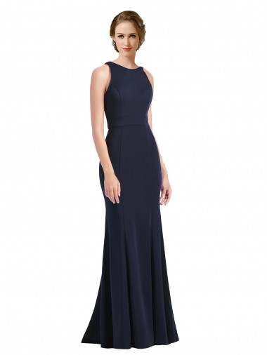 Vendedor de Colher Crepe Esticado Sem Mangas Buraco da fechadura Marinha Negra Vestidos de Madrinha / Vestidos de Festa