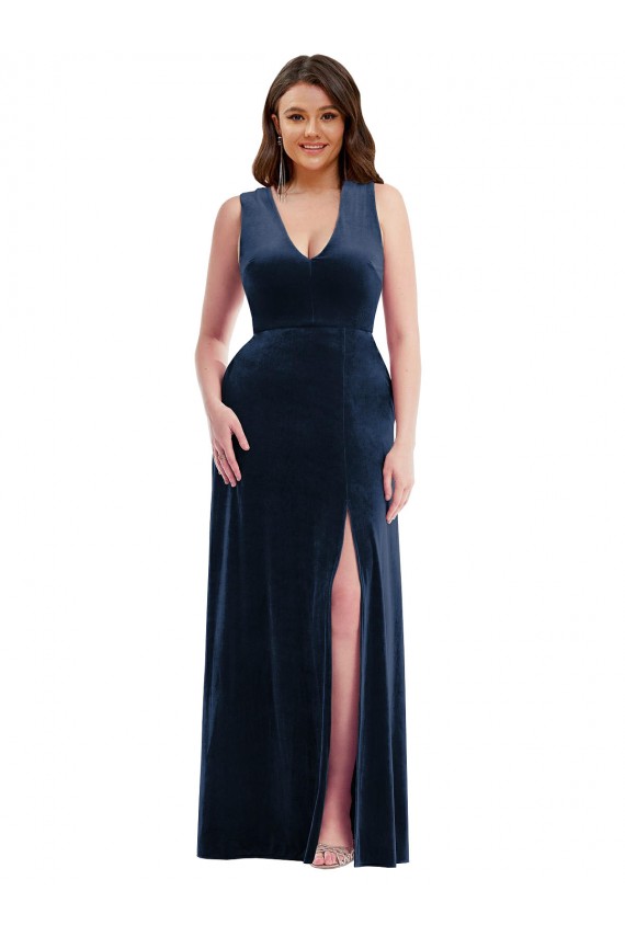 Vendedor de Decote V Veludo Elástico Sem Mangas Marinha Negra Vestidos de Madrinha / Vestidos de Noite / Vestidos de Festa