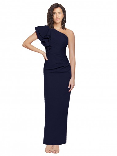 Vendedor de Um Ombro Crepe Esticado Sem Mangas Marinha Negra Longo Vestidos de Madrinha / Vestidos de Noite / Vestidos de Festa