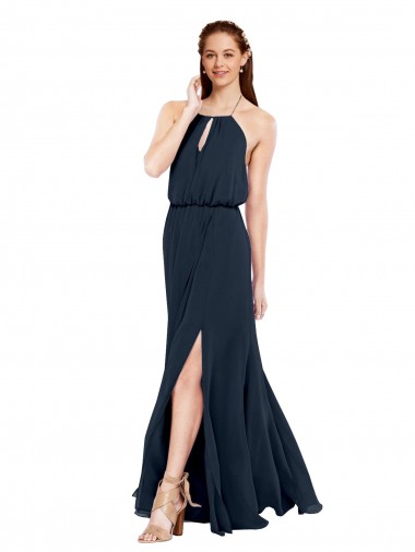 Vendedor de Cabeçada Chiffon Sem Mangas Abrir de volta Marinha Negra Vestido de Festa / Vestidos de Noiva
