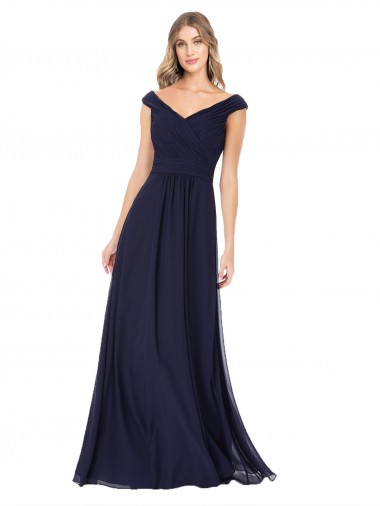 Vendedor de Fora do Ombro Chiffon Sem Mangas Marinha Negra Longo Vestidos de Madrinha