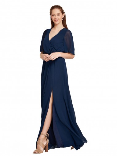 Vendedor de Decote V Chiffon Mangas Esvoaçantes Marinha Negra Vestidos de Madrinha