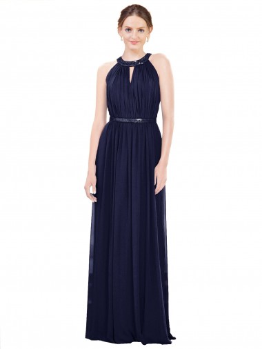 Vendedor de Decote Alto Chiffon Sem Mangas Marinha Negra Vestido de Baile Formais