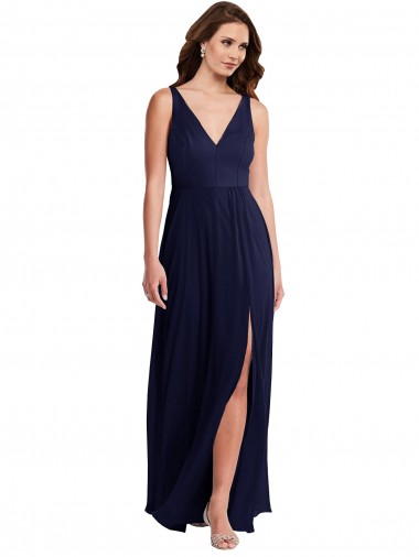 Vendedor de Decote V Chiffon Sem Mangas Costas em V Marinha Negra Vestido Formais / Vestido de Madrinha