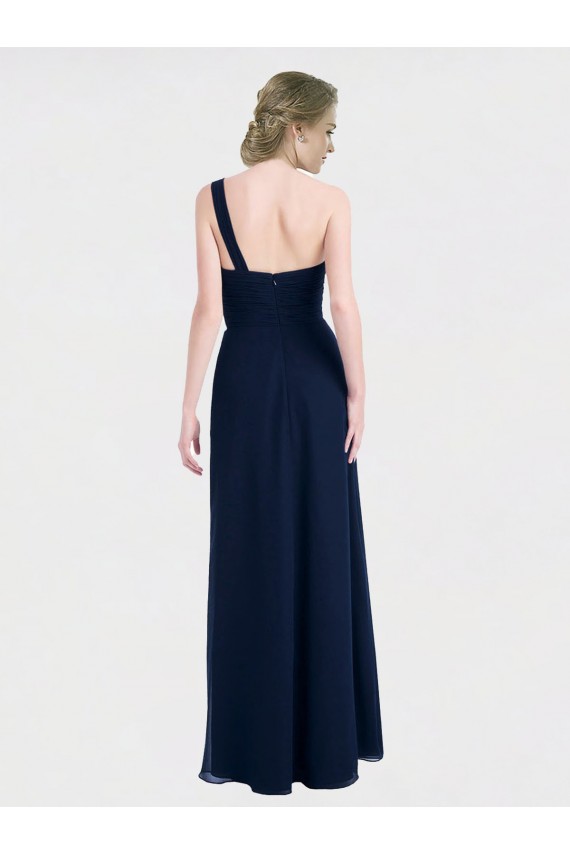 Vendedor de Um Ombro Chiffon Sem Mangas Lombar Marinha Negra Vestido de Madrinha / Vestido de Baile