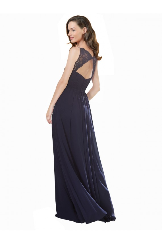 Vendedor de Decote V Chiffon & Renda Sem Mangas Buraco da fechadura Marinha Negra Vestidos de Madrinha