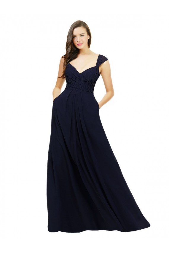 Vendedor de Decote V Chiffon Sem Mangas Marinha Negra Vestido de Madrinha Formais