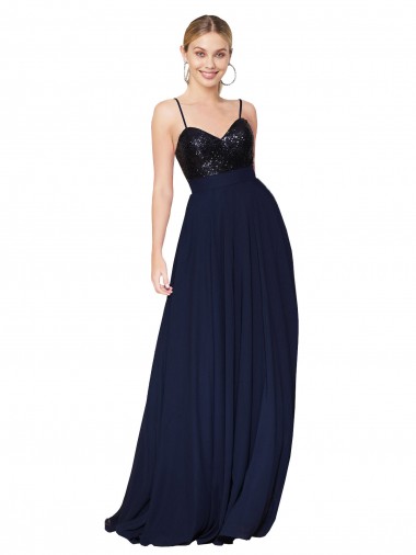 Vendedor de Alças finas Chiffon & Lantejoulas Sem Mangas Marinha Negra Vestidos de Madrinha / Vestidos de Festa