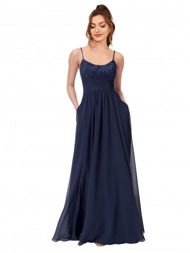 Vendedor de Colher Chiffon & Renda Sem Mangas Lombar Marinha Negra Vestidos de Madrinha