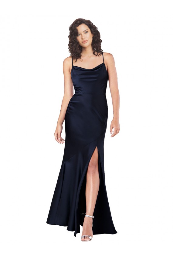 Vendedor de Decote Capuz Cetim Sedoso Sem Mangas Marinha Negra Vestidos de Madrinha / Vestidos de Noite / Vestidos de Festa
