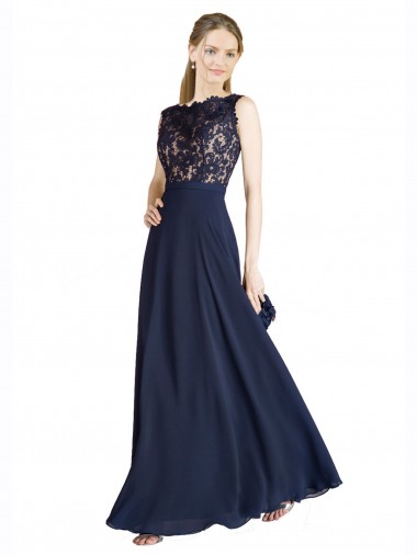 Vendedor de Decote Ilusão Chiffon & Renda Sem Mangas Costas em V Marinha Negra Vestidos de Madrinha / Vestidos de Festa