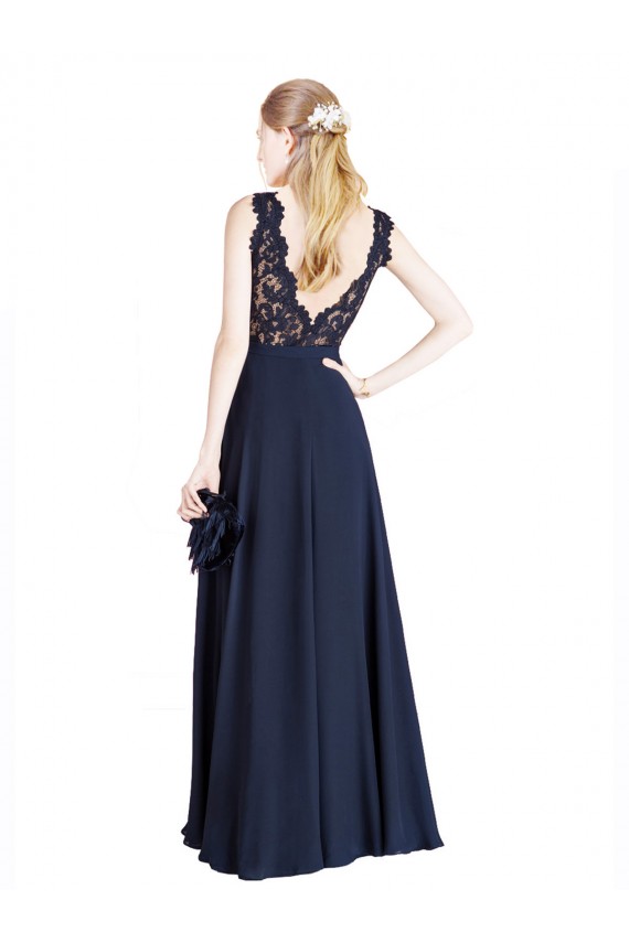 Vendedor de Decote Ilusão Chiffon & Renda Sem Mangas Costas em V Marinha Negra Vestidos de Madrinha / Vestidos de Festa
