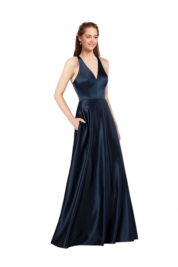 Vendedor de Decote V Cetim Sem Mangas Buraco da fechadura Marinha Negra Vestidos de Madrinha / Vestidos de Noite / Vestidos de Festa
