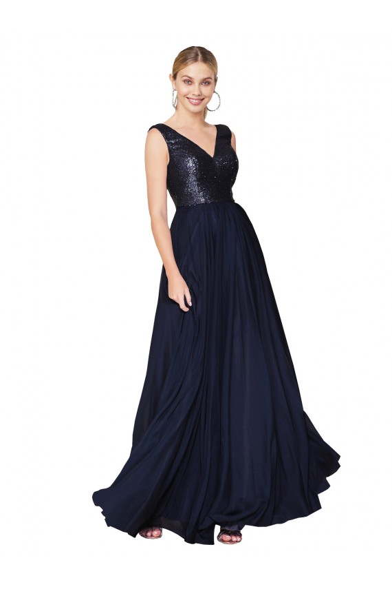 Vendedor de Decote V Chiffon & Lantejoulas Sem Mangas Costas em V Marinha Negra Vestidos de Madrinha / Vestidos de Festa