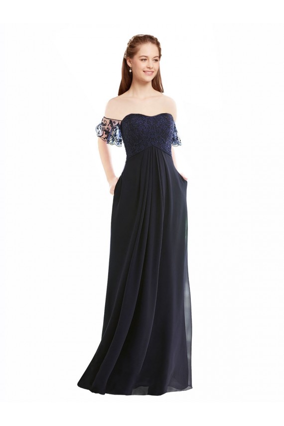Vendedor de Fora do Ombro Chiffon & Renda Mangas Curtas Marinha Negra Vestidos de Madrinha