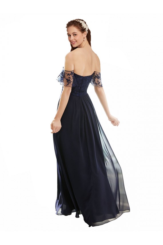 Vendedor de Fora do Ombro Chiffon & Renda Mangas Curtas Marinha Negra Vestidos de Madrinha