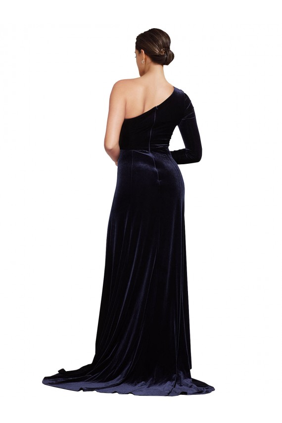 Vendedor de Um Ombro Veludo Elástico Mangas Compridas Marinha Negra Vestidos de Madrinha / Vestidos de Noite / Vestidos de Festa