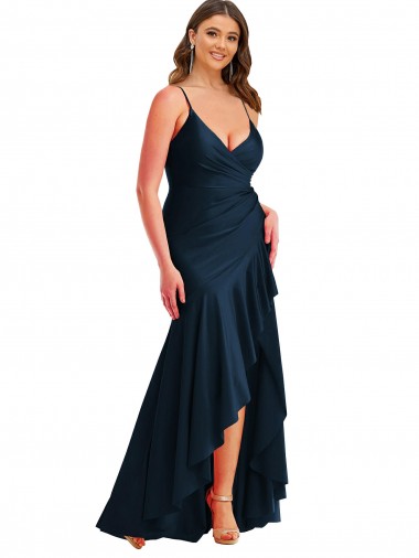 Vendedor de Alças finas Cetim Sedoso Sem Mangas Marinha Negra Longo Vestidos de Madrinha / Vestidos de Noite / Vestidos de Festa