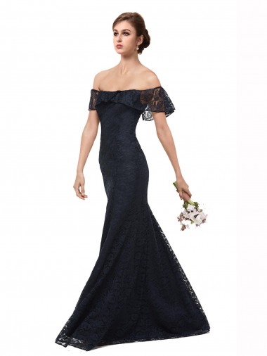 Vendedor de Fora do Ombro Renda Mangas Esvoaçantes Marinha Negra Vestidos de Madrinha / Vestidos de Festa