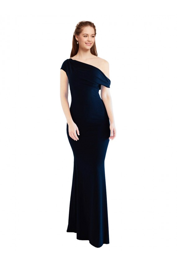 Vendedor de Um Ombro Crepe Esticado Sem Mangas Marinha Negra Sereia Vestidos de Madrinha / Vestidos de Noite / Vestidos de Festa